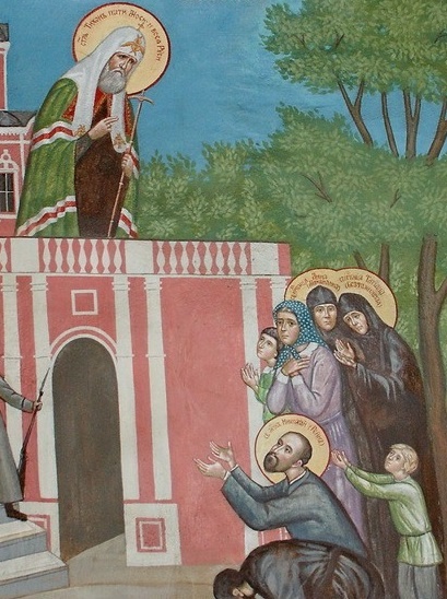 Святитель Тихон, патриарх Московский, благословляет народ во время заточения в Донском монастыре. Современная роспись.