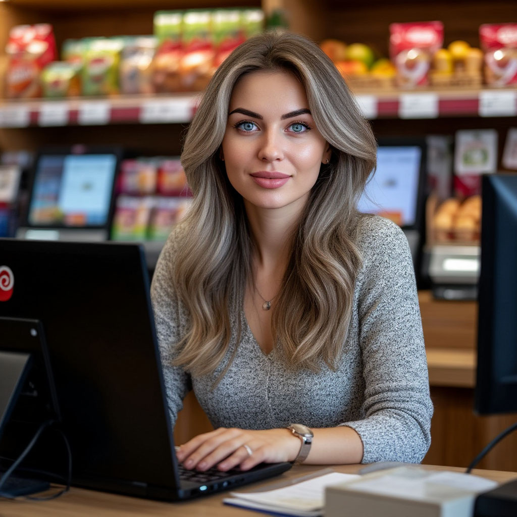 Алина возле своего рабочего места, год назад, 2019, «Пятёрочка»