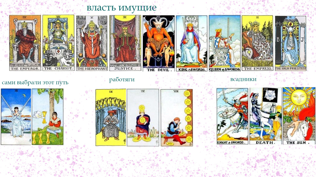 коллаж сама делала. тут не все "сидящие" карты, но основные, которые мы сегодня рассмотрим