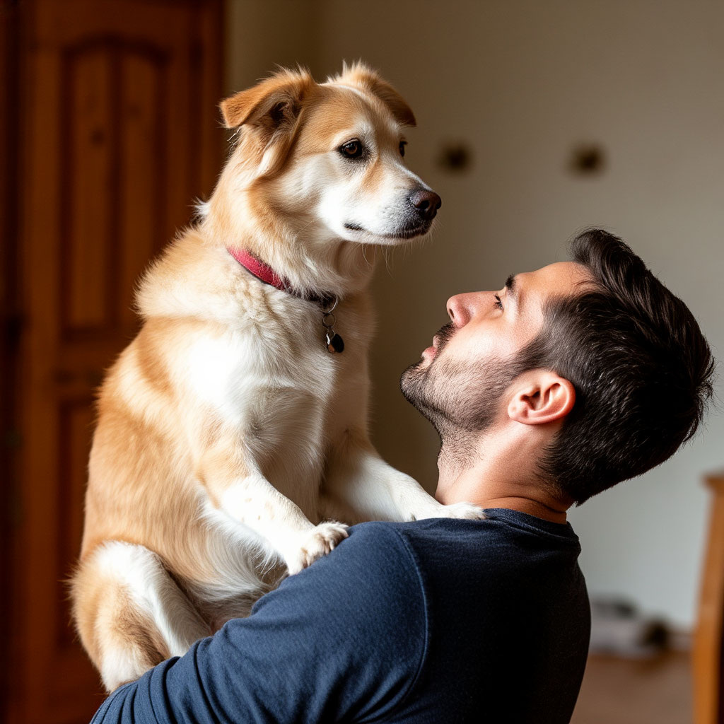 Хозяин, пытается научить собаку команде «Сидеть!», но собака сидит на плечах хозяина