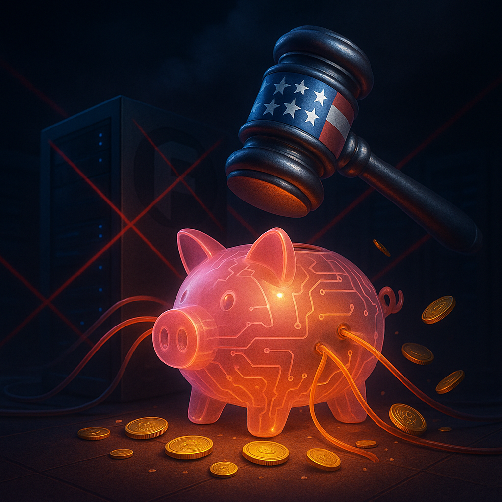 Объёмная сцена: неоновая «цифровая» копилка-поросёнок, питаемая кабелями от тёмного серверного блока, — и опускающийся американский судейский молот разрывает соединения, рассыпая золотые криптомонеты — визуальная метафора санкций США против Funnull и «pig butchering»-схем.
