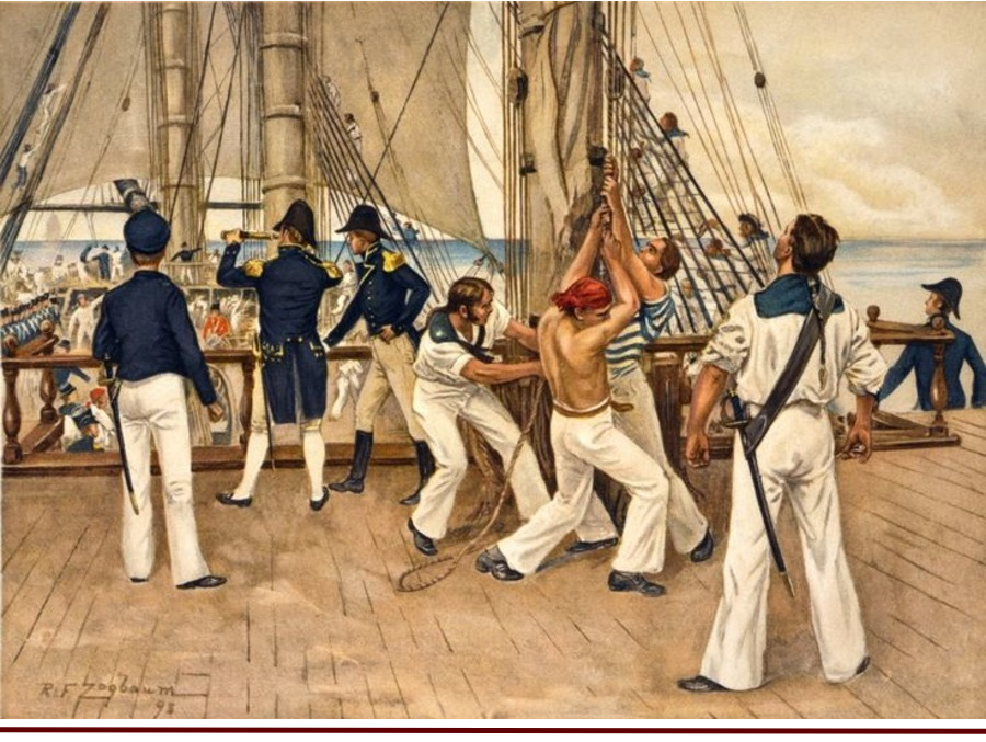 Американский фрегат в море. Работа команды
