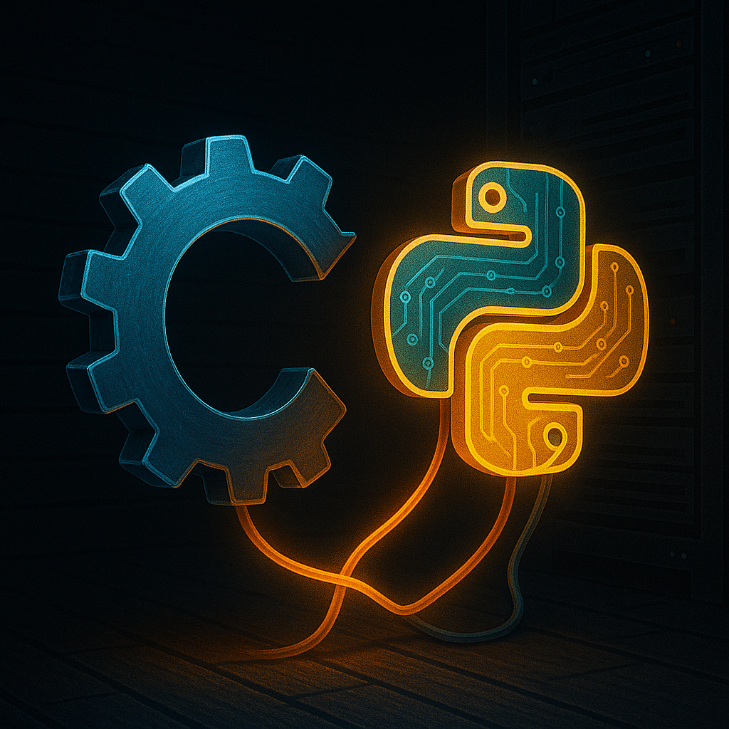 Металлическая шестерёнка-«C» и светящийся «змей» Python соединены пульсирующими кабелями в тёмной серверной — визуальный образ того, как два языка обмениваются данными и работают вместе.