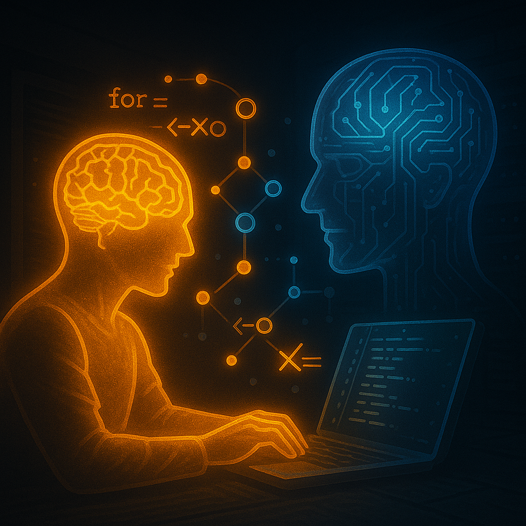 Слева — сияющая оранжево-золотая фигура программиста с «живым» мозгом, справа — мерцающая синяя голова-ИИ; между ними вспыхивает граф связей с пометками XOR, подчёркивая, как человеческая смекалка обходит искусственный интеллект.