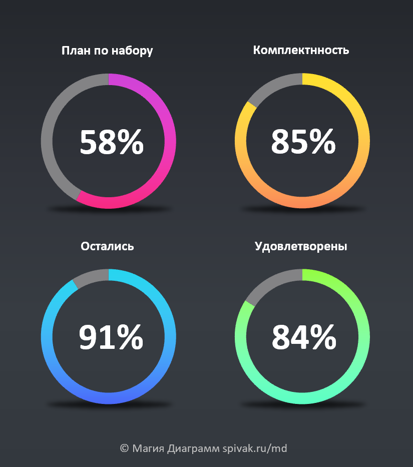 Пример дизайнерских колцевых диаграмм для отчета. Сделано в excel. Магия диаграмм. Сергей Спивак.