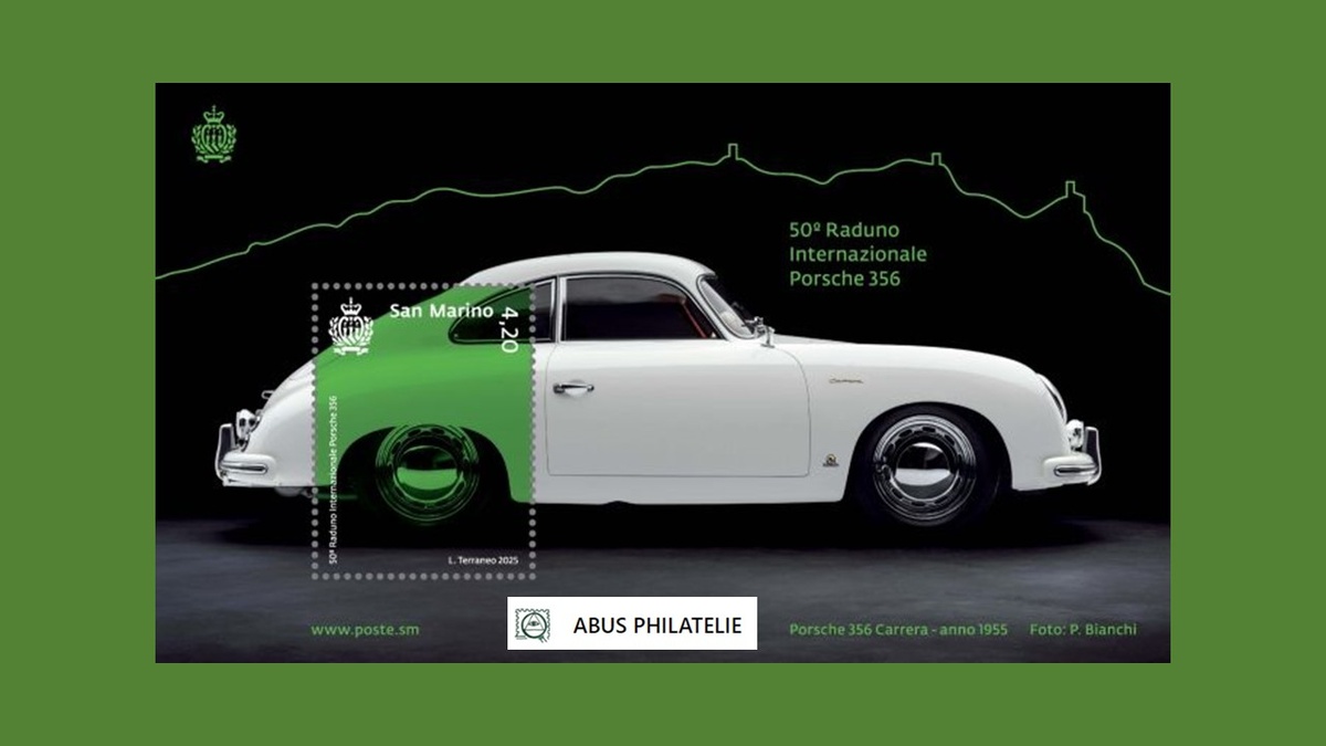 почтовый блок Сан-Марино "50-е Международное Ралли и Porsche 356", 2025 год
