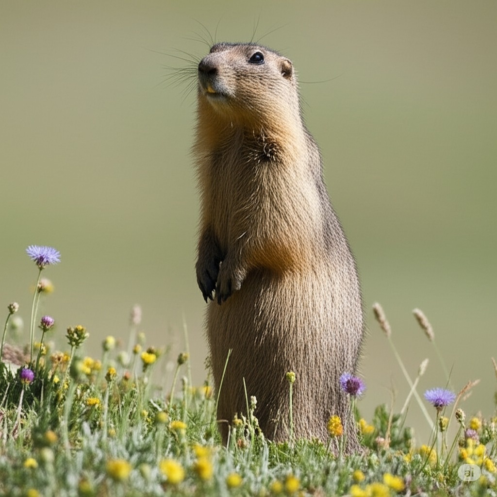 Вот он какой, байбак – крепкий хозяин степей с внимательным взглядом. 🐾