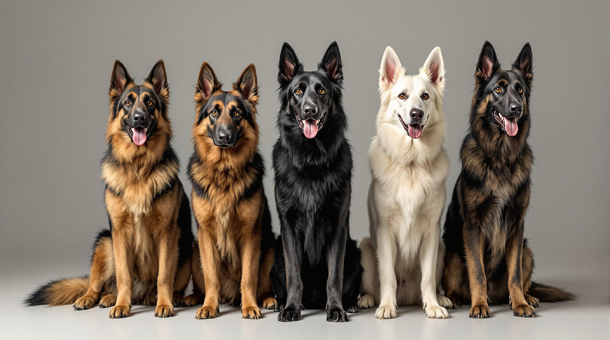 Пять немецких овчарок разных окрасов сидят в линию на сером фоне — разнообразие породных вариаций, красивые и умные собаки для семьи или службы.