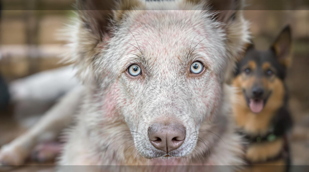 Крупный план собаки с голубыми глазами и необычным светлым окрасом; на фоне ещё одна овчарка — уникальная внешность, выразительный взгляд, внимание к особенностям породы.
