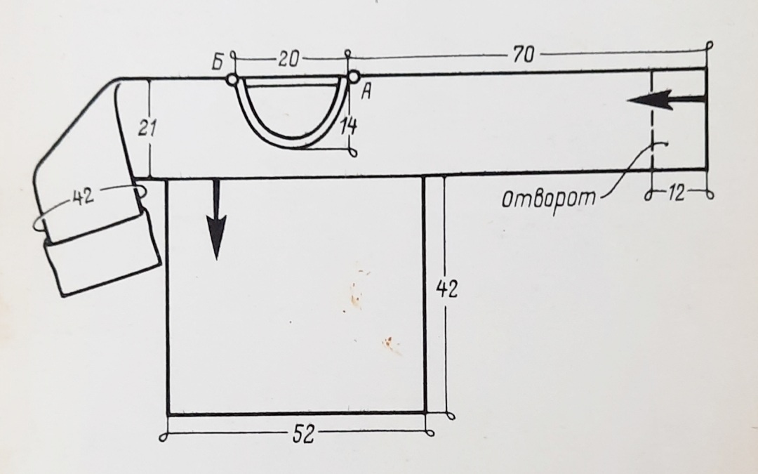 Начало вязания - отворот рукава.Связав из черных нитей отворот(12см), провяжите еще 6-8см этими же нитями и далее вяжите цветные полосы до горловины (точка А). После этого разделите вязанье пополам и до точки Б выполняйте обе пооовинки порознь по выкройке. В точке Б соедините обе половинки в одно целое и свяжите правый рукав, точно также, как левый. Теперь по лицевой стороне вязанья наберите петли из кромочной кокетки(из каждой кромочной по одной лиц.п.) для вязания переда и спинки. Свяжите их сверху вниз и после этого сшейие рукава и боковые швы. Наберите новые петли по линии горловины и свяжите платочной вязкой 2-3 см черной нитью.