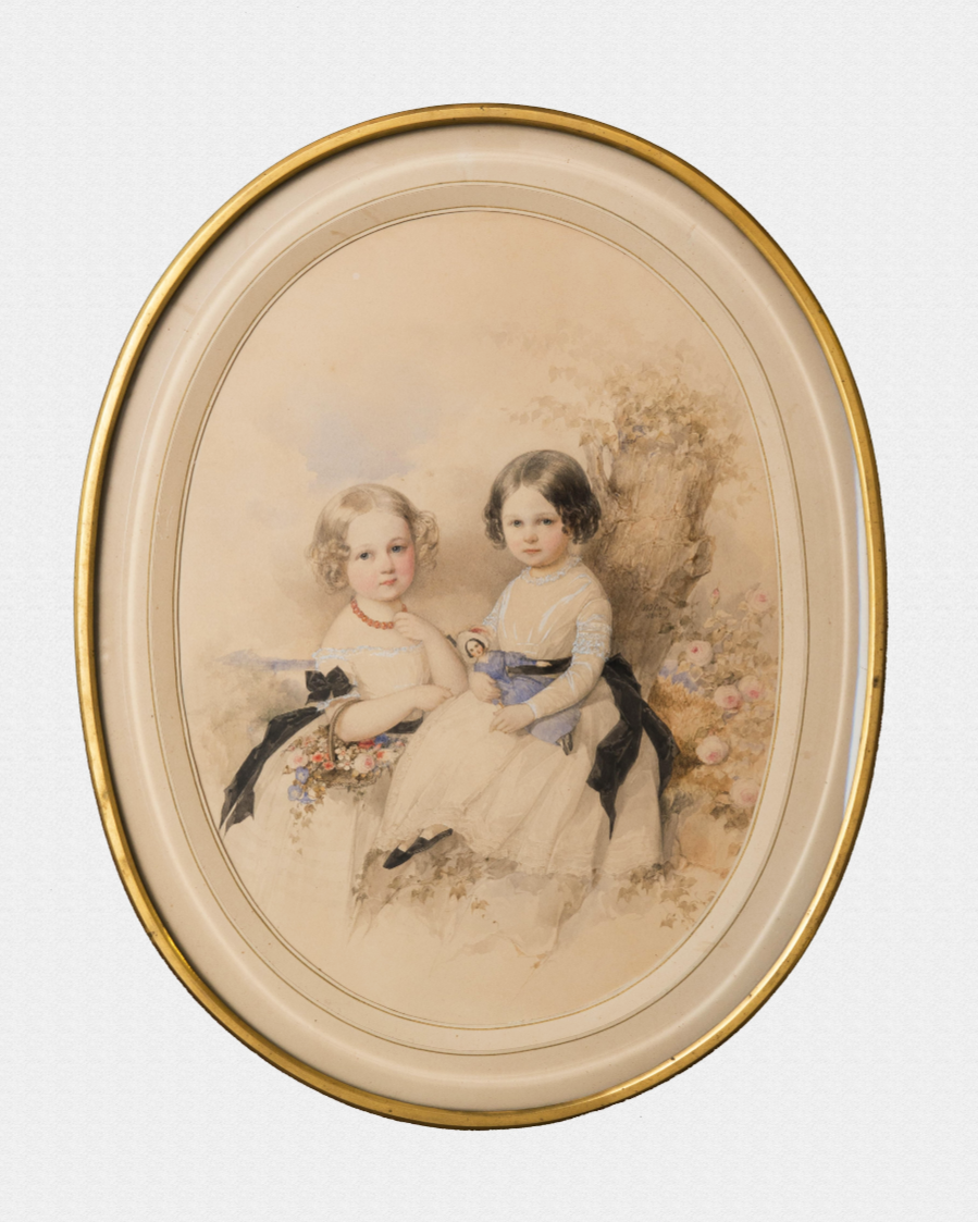 Девочки в парке. Портрет сестер Марии Ивановны (1839-1866) и Веры Ивановны (1840-1912) Бек. В. И. Гау 1842 г. Бристольский картон, графитный карандаш, акварель, белила