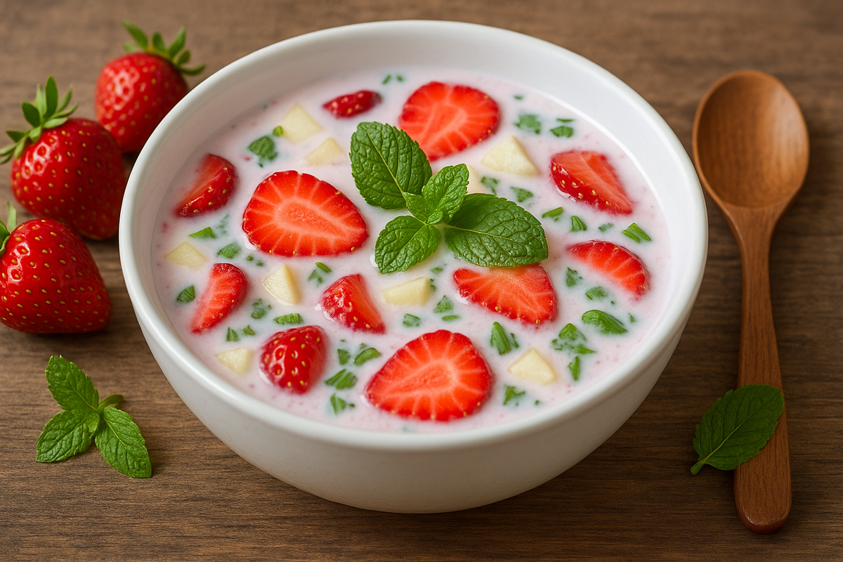 Фруктовая окрошка с клубникой и мятой.