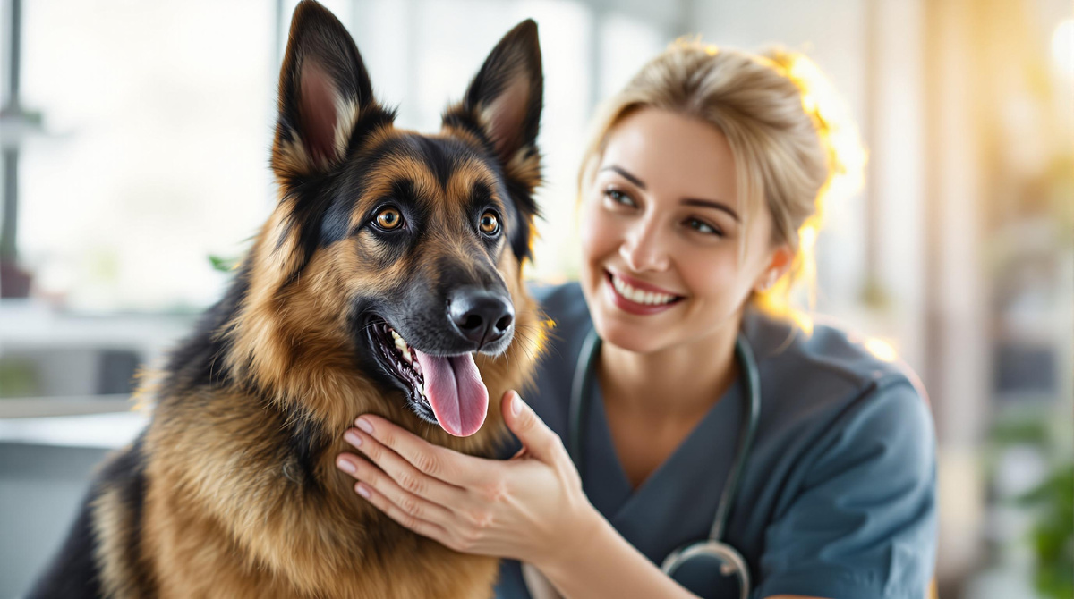 Немецкая овчарка на приеме у ветеринара — забота о здоровье собак, профессиональный уход и доверие между питомцем и специалистом.