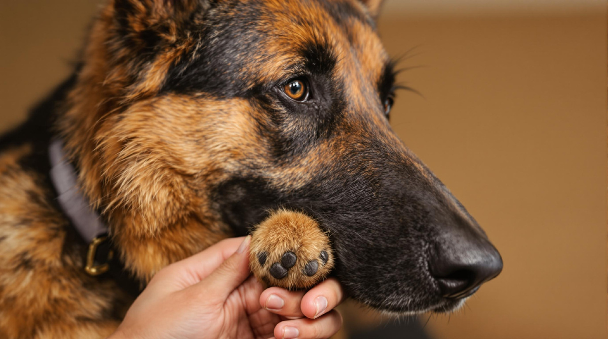 Близкий план морды немецкой овчарки, которая кладет лапу в руку человека — доверие, дружба, связь между собакой и хозяином.