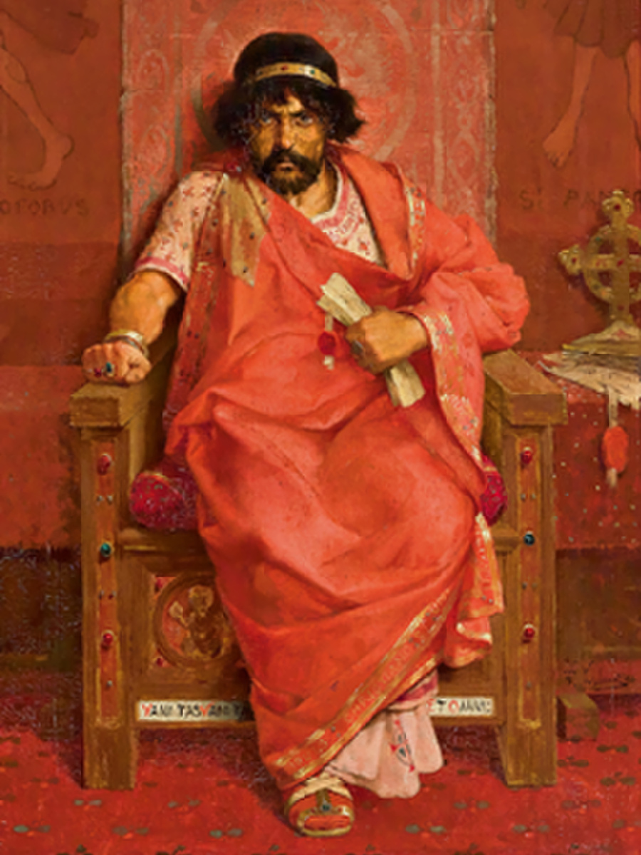 По одной из версий на полотне изображён Ирод I Великий, по другой Пипан Короткий после победы над герцогом Вайфрой. Обратите внимание на распятие справа и латинскую надпись внизу на троне (vani tasvani tat [...] et omnii). Так что это средневековый франкский король. Фрагмент картины Теофиля Мари Франсуа Либерта, 1883 год.