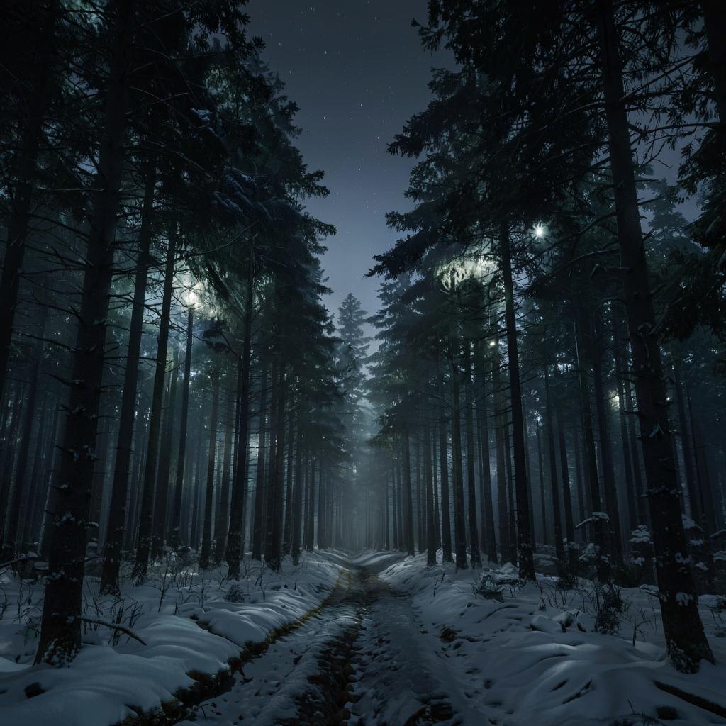 Ночной пейзаж сибирского леса с загадочными огоньками, намекающими на мрачную историю