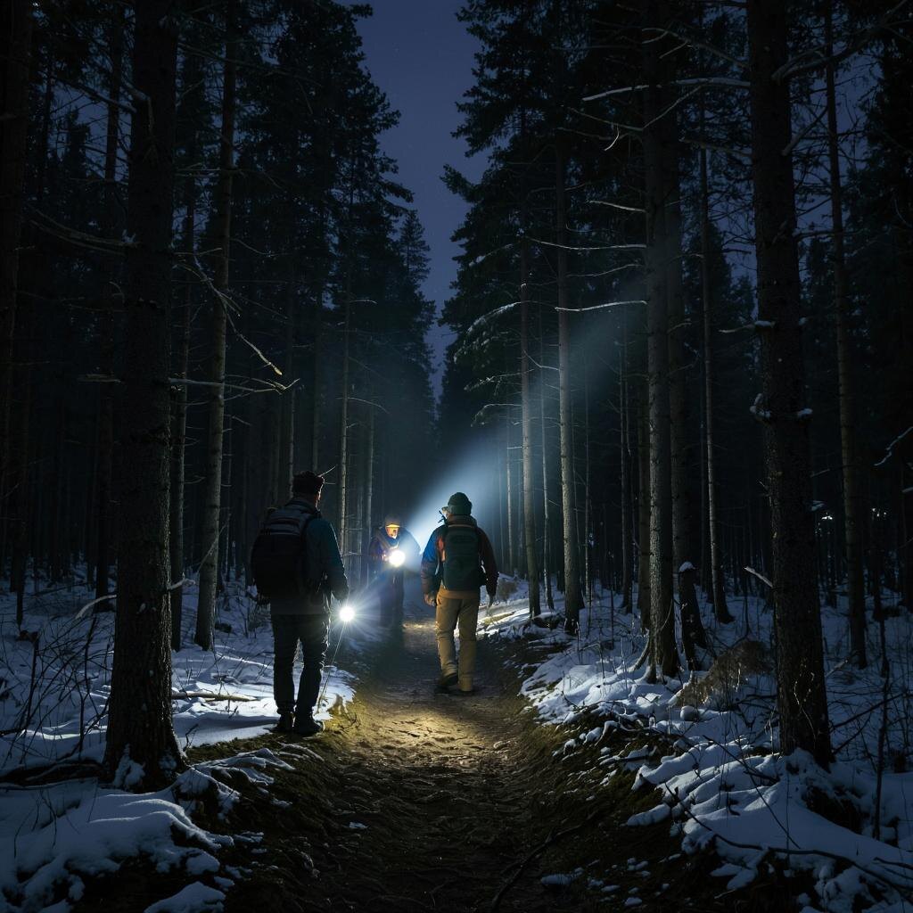 Команда поисковиков в ночном сибирском лесу