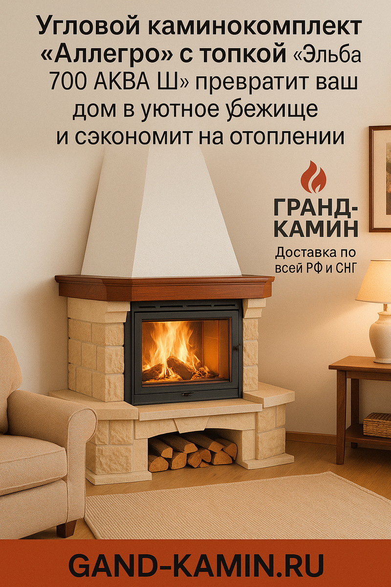    Как угловой каминокомплект «Аллегро» с топкой «Эльба 700 АКВА Ш» превратит ваш дом в уютное убежище и сэкономит на отоплении Kamin
