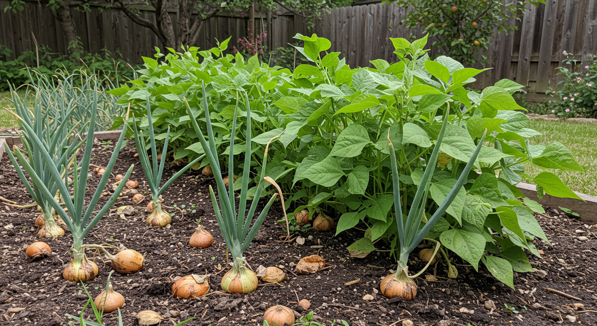 Лук не любит азот, котрый выделяют в почву фасоль или горох