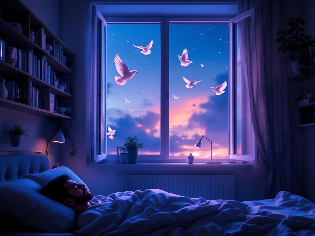    К чему такое снится: Я нарисую интерьер квартиры с открытым окном, через которое влетают три птицы. В центре комнаты - стул, на котором стоит наблюдатель, следящий за полетом птиц вокруг