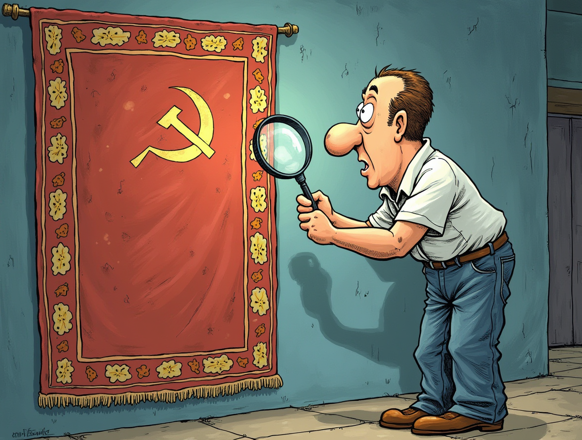 "Секретные технологии СССР". Карикатура - американский инженер NASA с увеличительным стеклом изучает висящий на стене советский ковер.