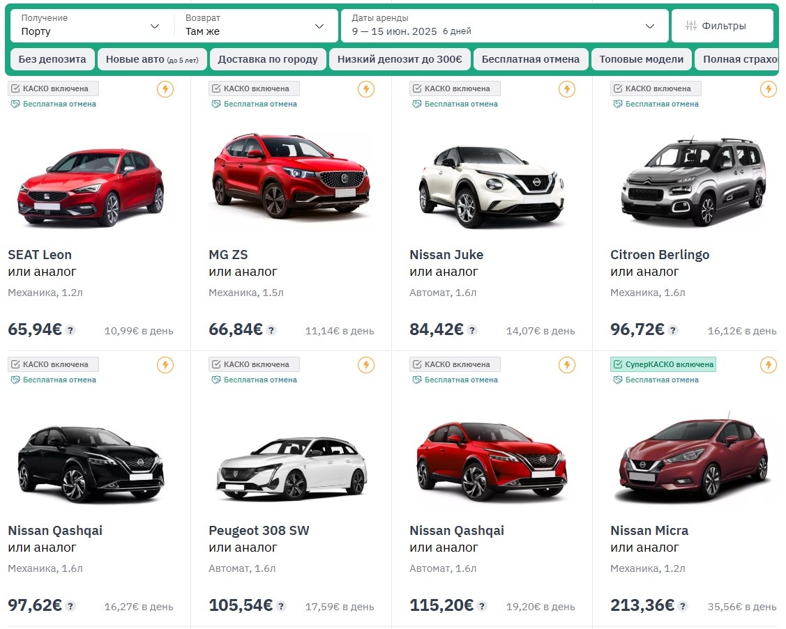 Скрин каталога авто на localrent.com