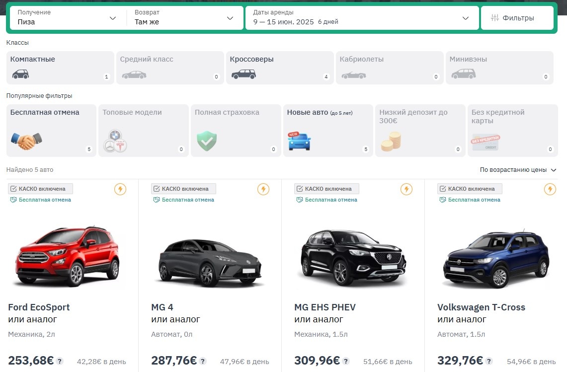 Скрин каталога авто на localrent.com