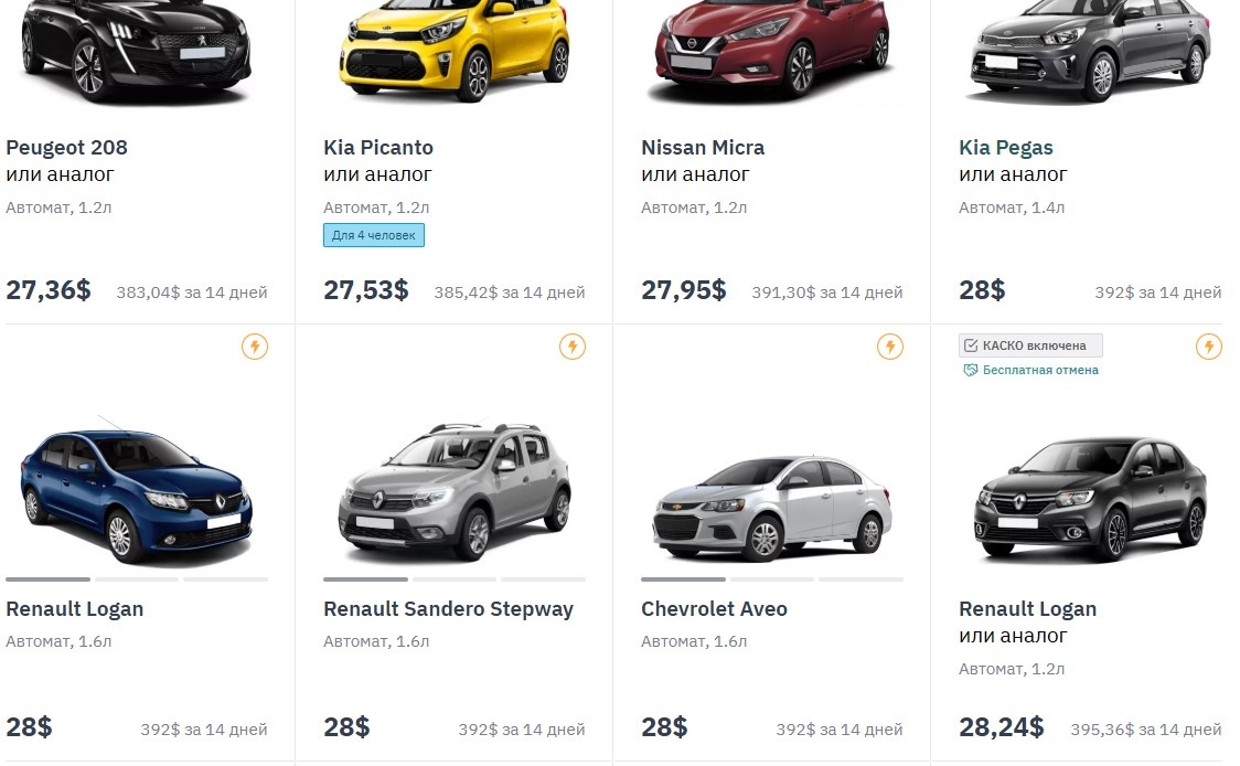 Скрин каталога авто на localrent.com