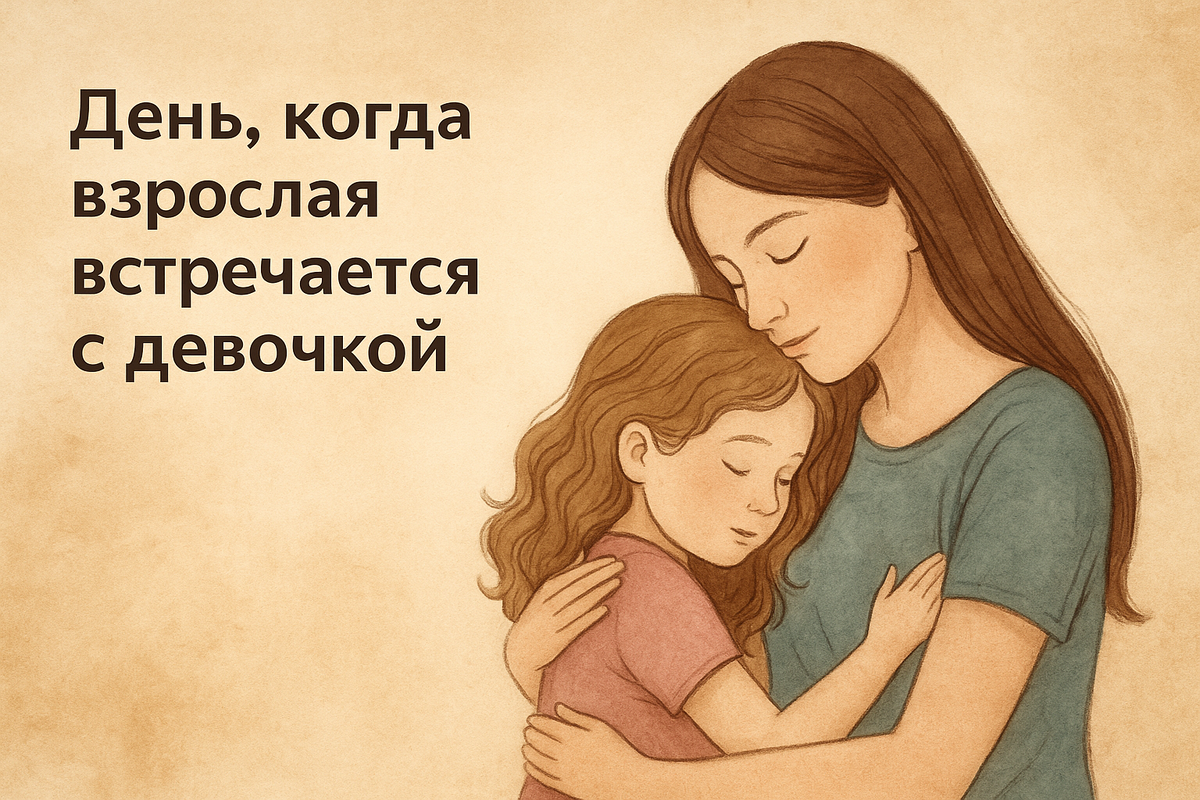 Взрослая обнимает девочку внутри себя — бережно, с любовью. Эта встреча может многое изменить. Сегодня — повод её устроить.
