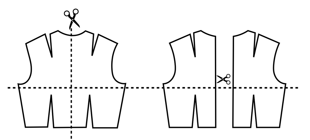Рисунок 1. Работа со спинкой на примере цельной детали с плечевыми вытачками и без шва середины спинки. Иллюстрация шагов 1 и 2.