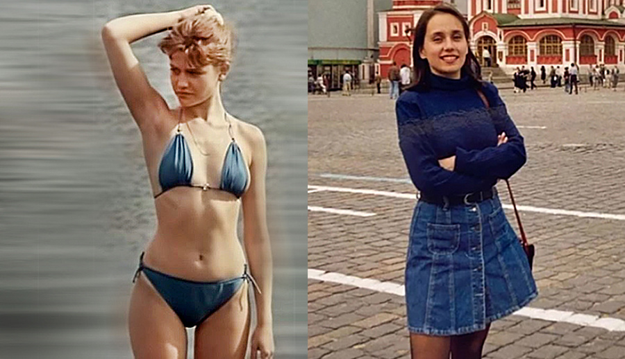Анна Назарьева в 90-х и туристка на Красной площади Москвы