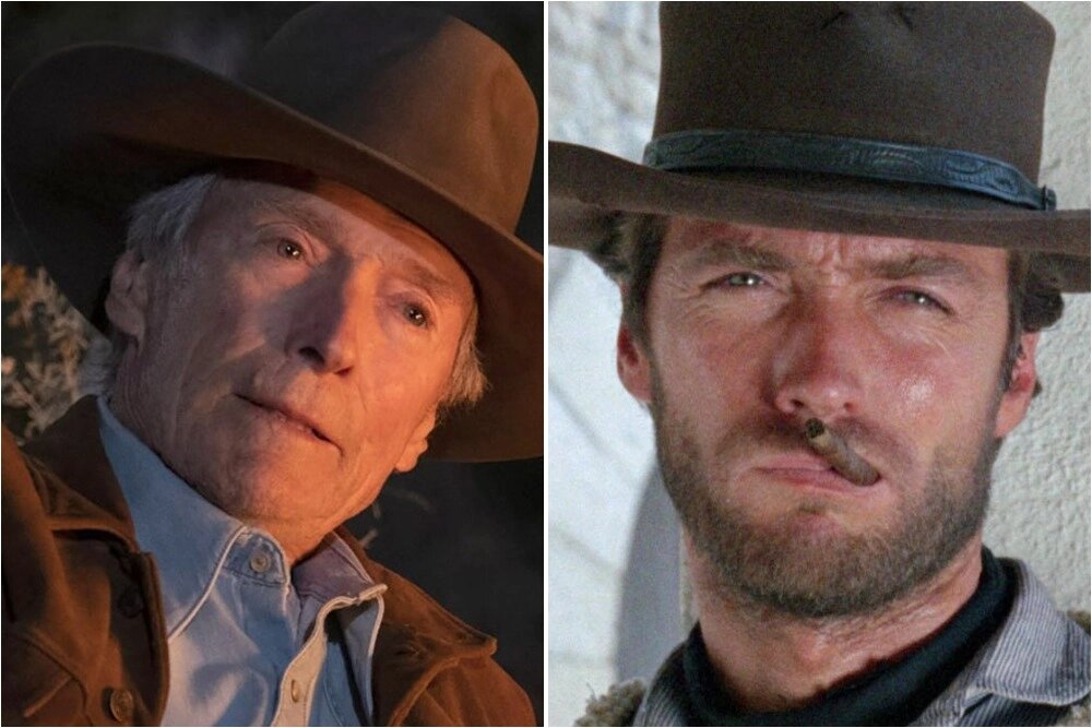    Клинт Иствуд в драме «Мужские слёзы» (2021); Клинт Иствуд в вестерне «За пригоршню долларов» (1964). Фото: Коллаж АиФ