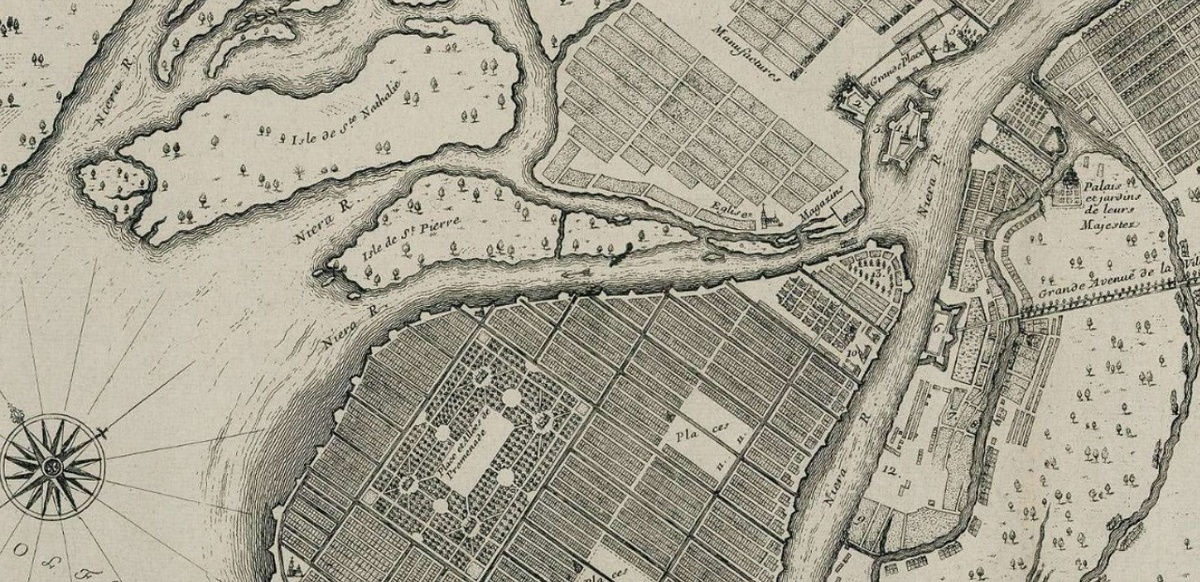 Фрагмент карты Санкт-Петербурга, составленной в 1717, автор Николя де Фер. Границей города является Мойка, между Мойкой и Фонтанкой пока ещё не застроено