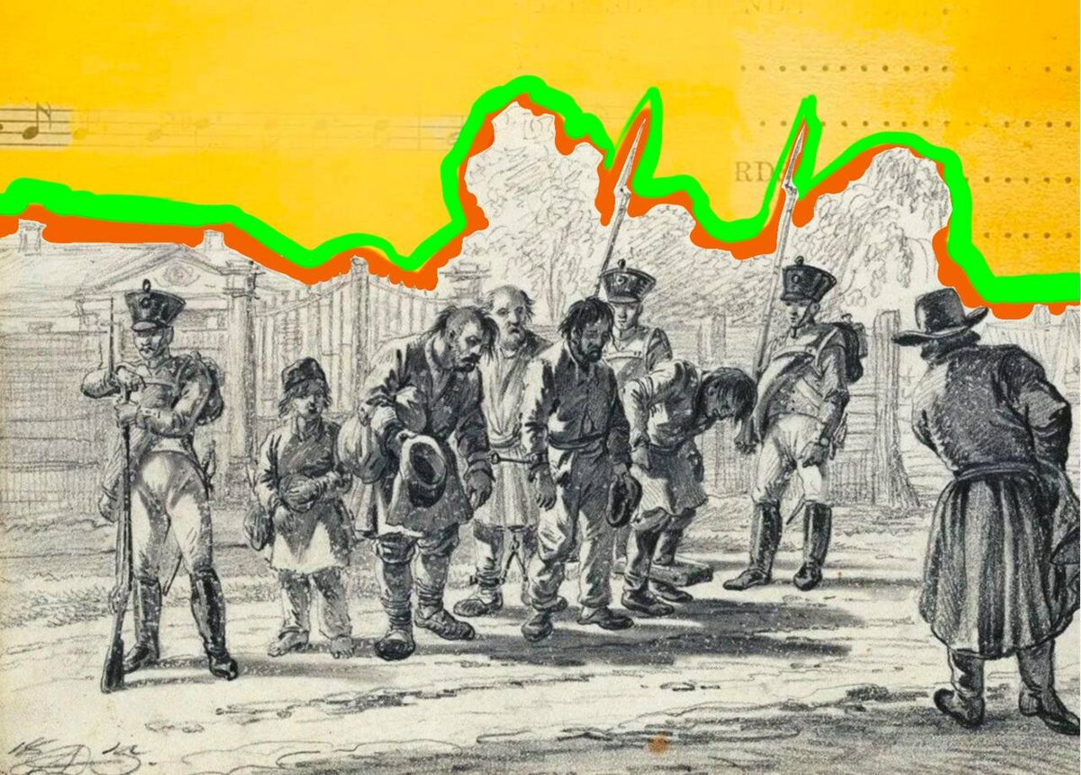 Литография художника Аполлинария Васнецова или возможно Алексея Зубова (в зависимости от источника, подпись не совсем читаема), изображающая каторжников под охраной, просящих милостыню