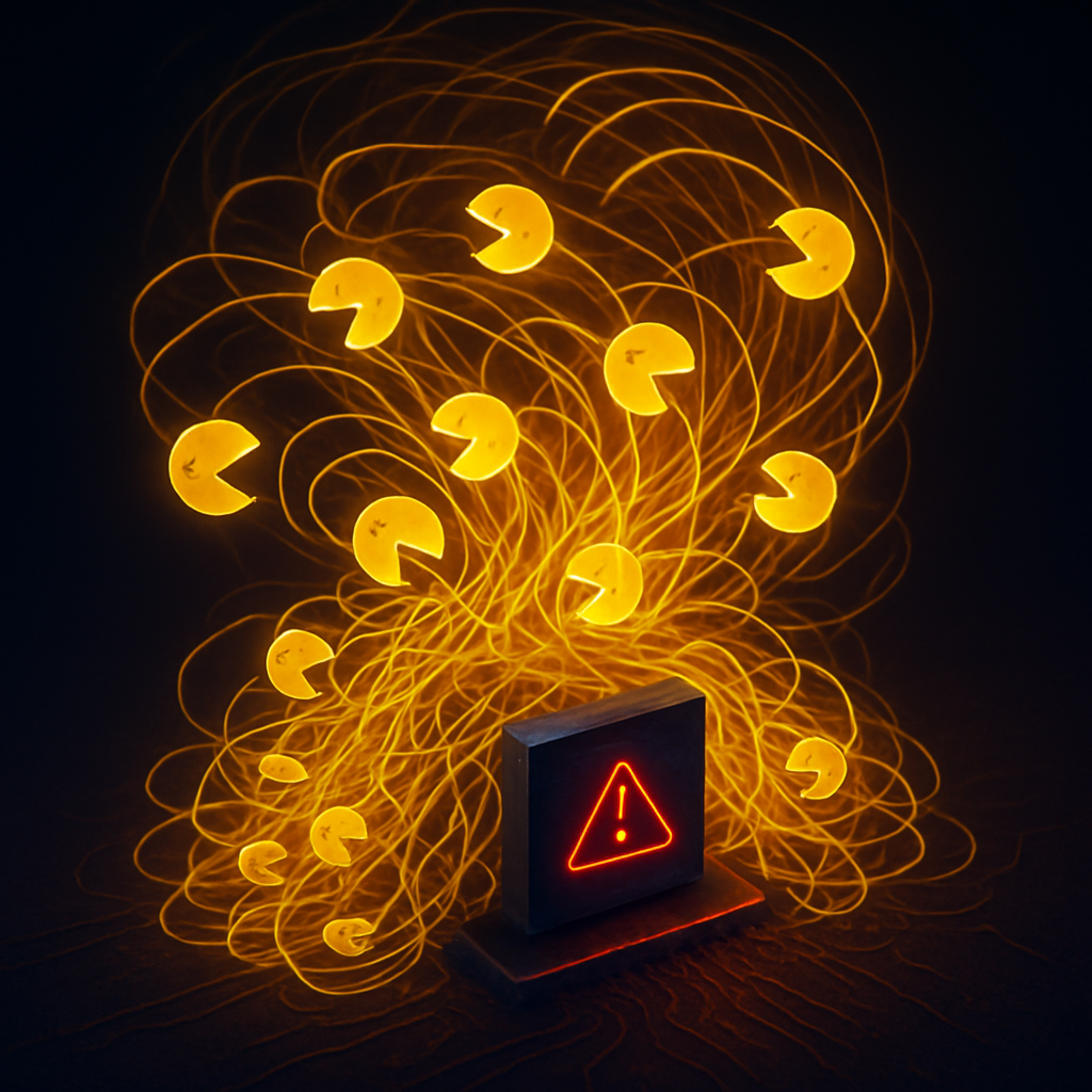 3D-сцена: ярко-желтые «виртуальные ниточки»-Pac-Man’ы вихрем обступают микросхему памяти с красным знаком «опасность», показывая, как быстродействие виртуальных потоков может привести к переполнению памяти.