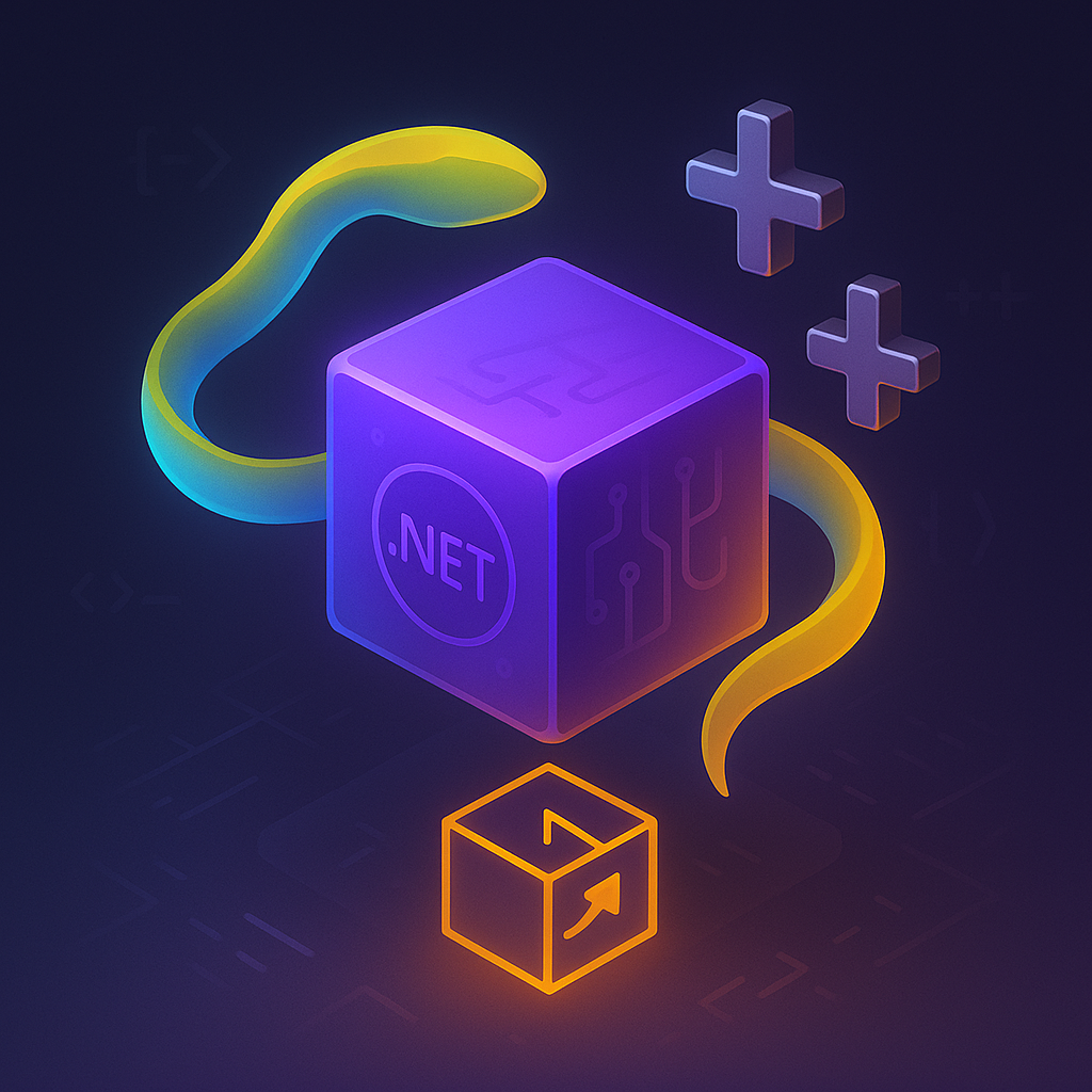 В центре неоново-фиолетовый куб-«.NET», опоясанный яркой «питоновской» лентой; рядом парят два металлических плюса, а снизу светится куб-пакет, намекающий на NuGet — всё вместе символизирует экспериментальный язык W++ и его экосистему.
