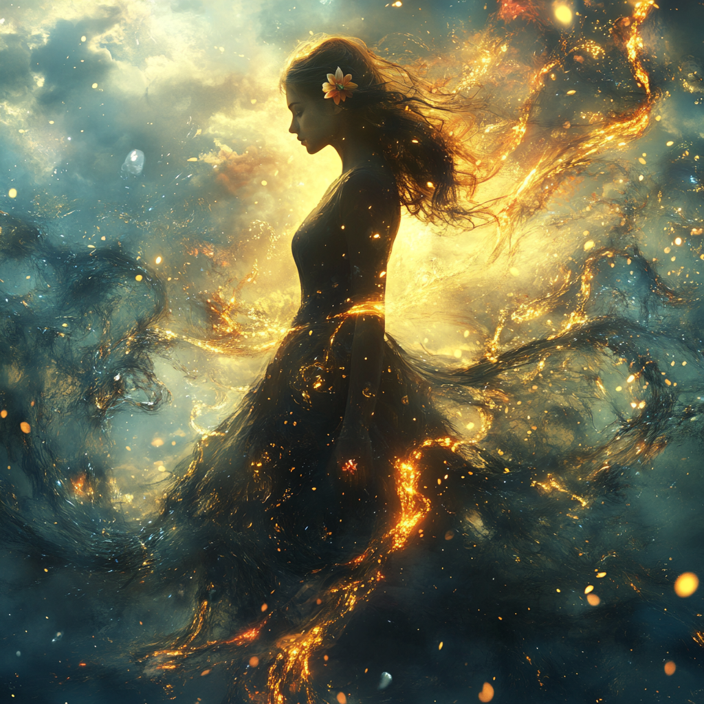 Девушка в медитативном состоянии двух потоков энергии