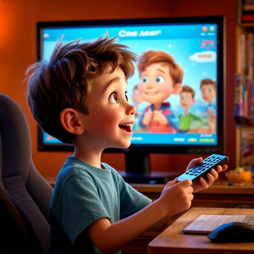 Этот малыш с восторгом смотрит на экран, экран полностью поглощает его внимание.