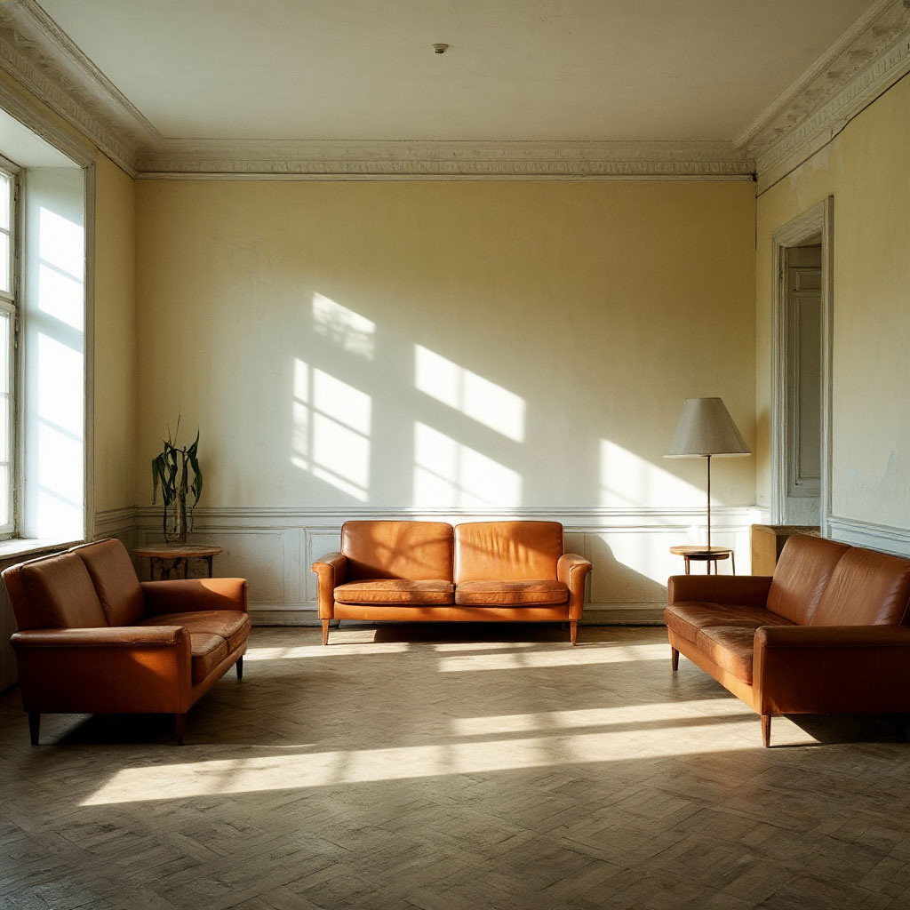 "Пустая комната с мебелью, прижатой к стенам, ощущение дискомфорта. Светлый интерьер."