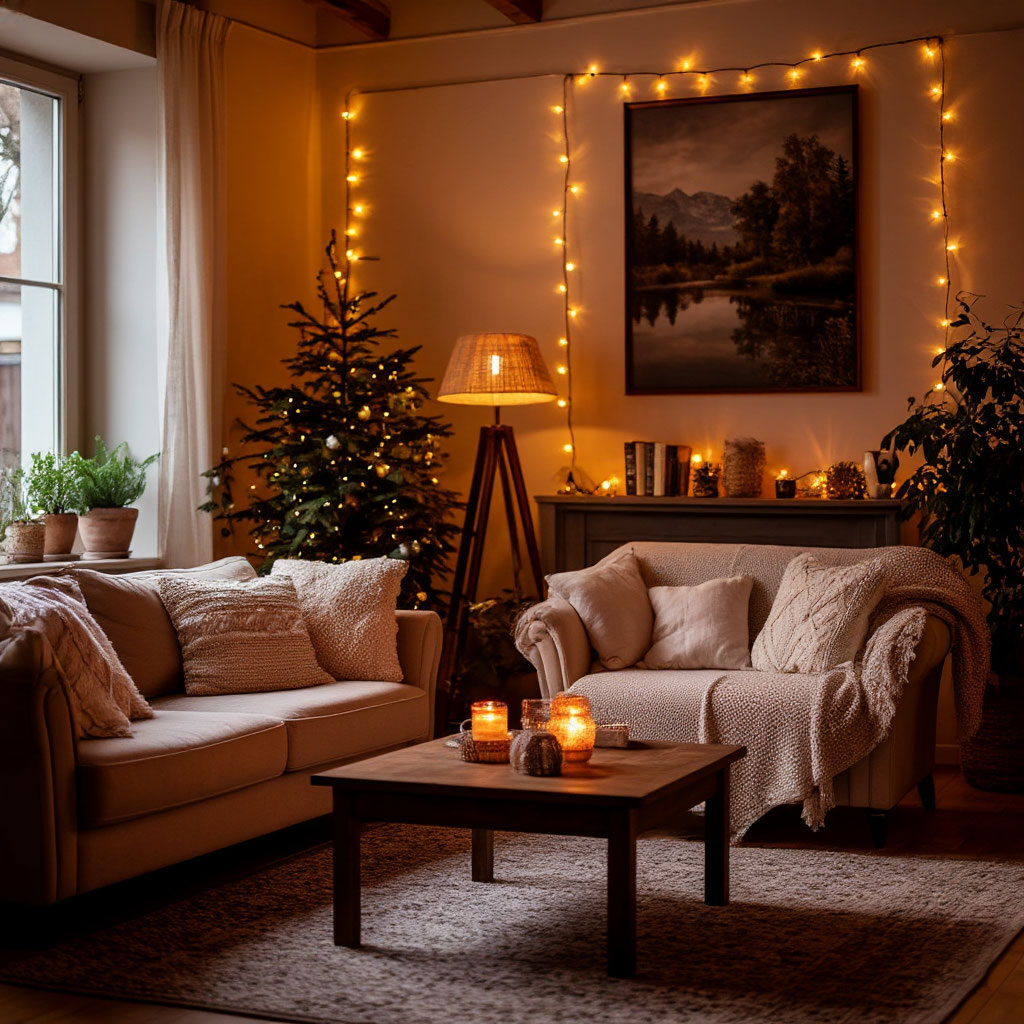 "Гостиная с тёплым светом торшера и гирляндами, уютная атмосфера."