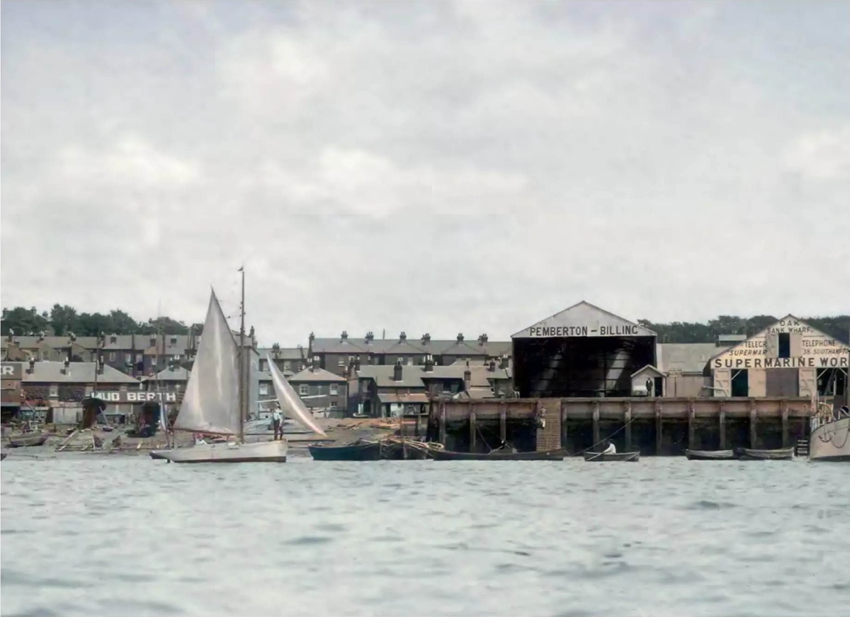 завод Supermarine Works компании Pemberton-Billing Ltd на пристани Оук-Бэнк, Вулстон, река Итчен, напротив доков Саутгемптона, 1914 год