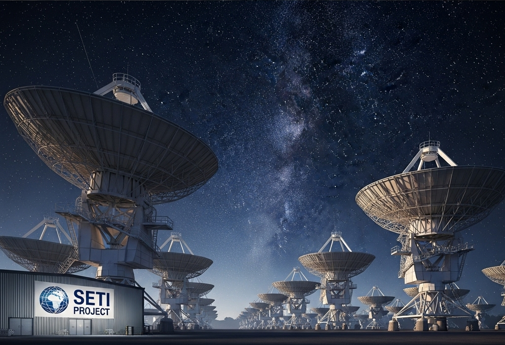Радиотелескопы слушают космос, проект SETI, звёздное небо.