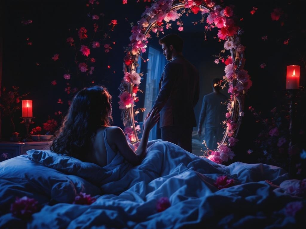    К чему такое снится: Женщина стоит перед большим зеркалом, в котором отражается мужчина, гладящий ей спину. В зеркале также виден силуэт другого мужчины, стоящего позади и смотрящего на