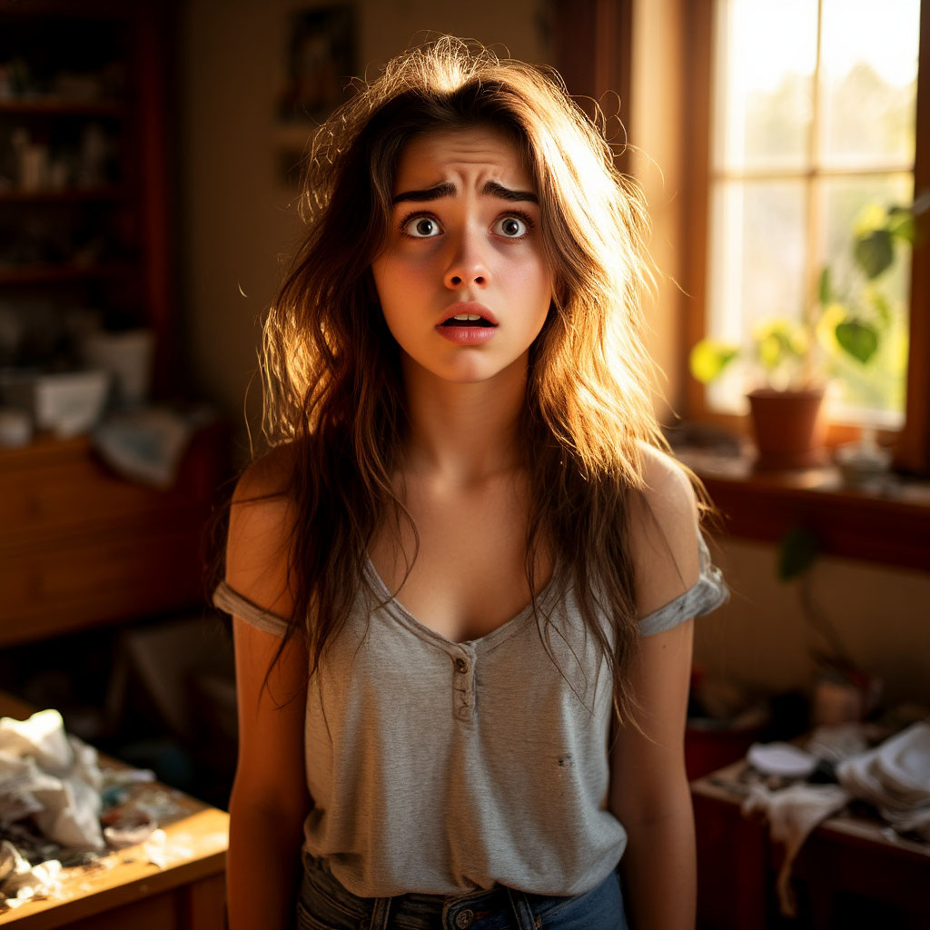 Девушка стоит посреди комнаты вокруг небольшой беспорядок