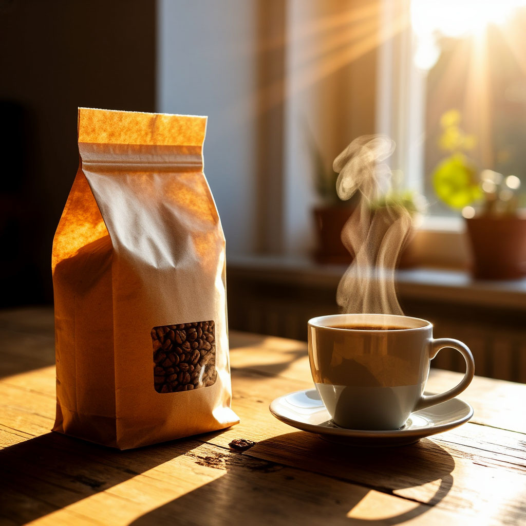 Пакет кофе рядом с кружкой, солнечный свет на столе.
