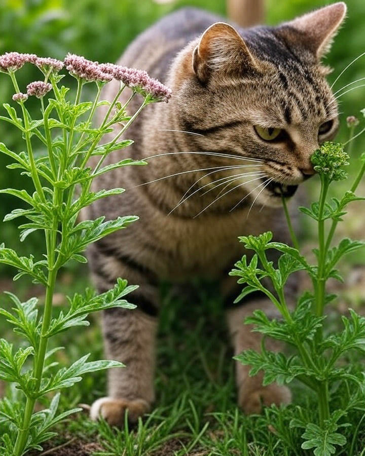 Кошка и валериана: домашний питомец изучает лекарственное растение с розовыми цветами 