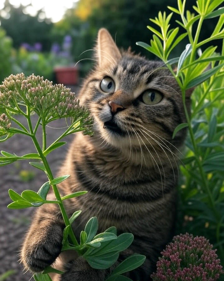 Любопытная полосатая кошка деликатно обнюхивает цветущую валериану