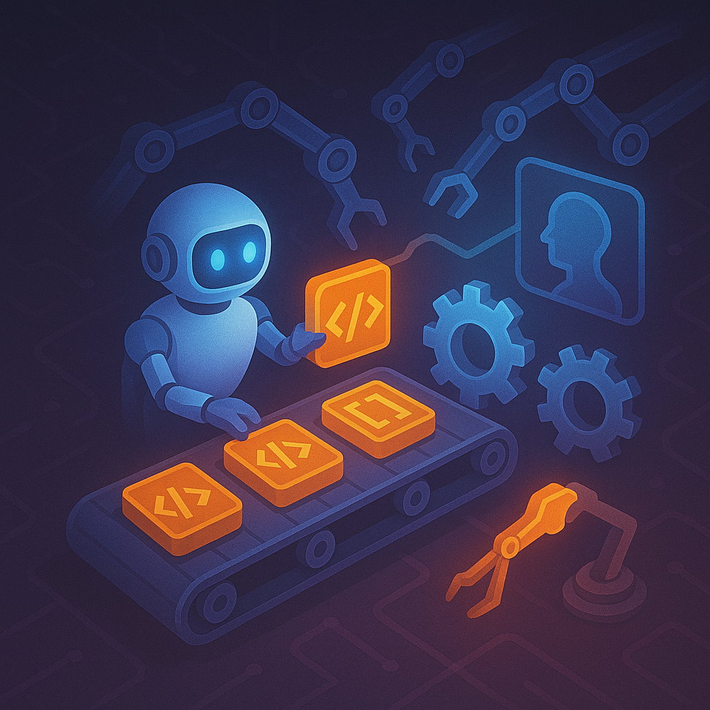 Робот-инженер собирает светящиеся «код-блоки» на конвейере, а вокруг вращаются шестерёнки и тянутся механические руки — визуальная метафора ИИ, который автоматизирует процесс разработки программного обеспечения.
