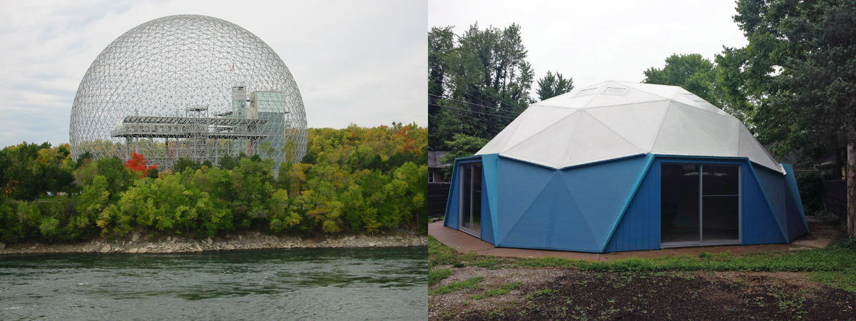 Бакиболы в оригинальном архитектурном смысле. Слева - "Монреальская биосфера", справа - дом Бакминстера Фуллера в штате Иллинойс. Источник: https://en-m-wikipedia-org.translate.goog/wiki/Buckminster_Fuller