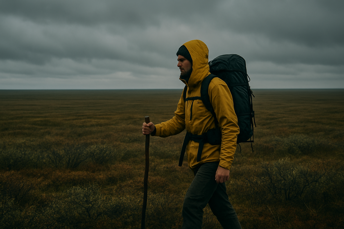 Одинокий путник на краю горизонта — между серым небом и мховой тишиной тундры.